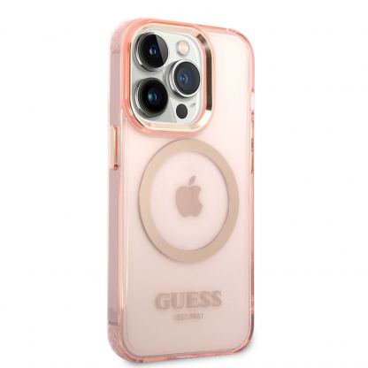 Guess Translucent MagSafe Case - хибриден удароустойчив кейс с MagSafe за iPhone 14 Pro (розов-прозрачен) 4