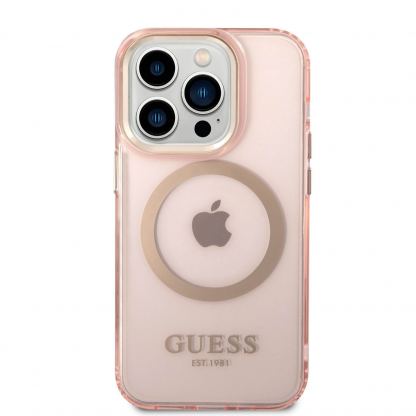 Guess Translucent MagSafe Case - хибриден удароустойчив кейс с MagSafe за iPhone 14 Pro (розов-прозрачен) 5