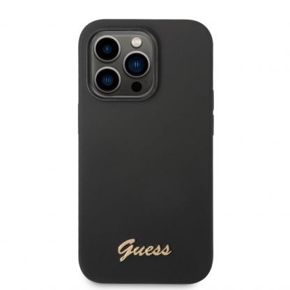 Guess Liquid Silicone Metal Logo MagSafe Case - силиконов (TPU) калъф с MagSafe за iPhone 14 Pro (черен)  2