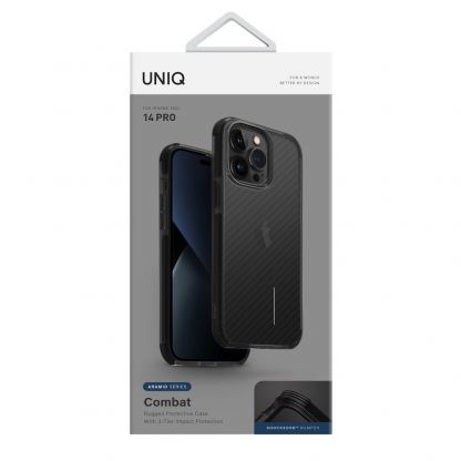 Uniq Combat Aramid Case - хибриден удароустойчив кейс с кевлар за iPhone 14 Pro (черен) 3