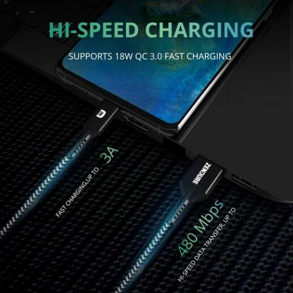 Zendure SuperCord USB-A to USB-C Cable 3A - здрав плетен кабел с USB-C порт (100 см) (черен) 3