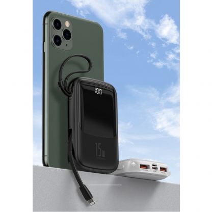 Baseus Qpow Digital Display Power bank with USB-C cable 15W (PPQD-A01) - външна батерия 10000 mAh с вграден USB-C кабел и USB-C, USB-A и Lightning портове (черен) 8