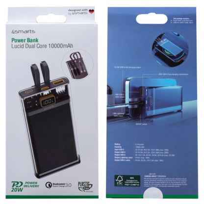 4smarts Power Bank Lucid Dual Cord 10000 mAh 22.5W - външна батерия с вградени USB-C и Lightning кабели, USB-A и USB-C изходи с технология за бързо зареждане (сив) 11
