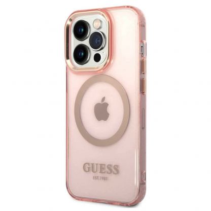 Guess Translucent MagSafe Case - хибриден удароустойчив кейс с MagSafe за iPhone 14 Pro Max (розов-прозрачен)