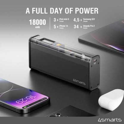 4smarts Power Bank Lucid Block 18000 mAh 22.5W - външна батерия с 2xUSB-A, 1xUSB-C и 1xLightning портове с технология за бързо зареждане (черен) 3
