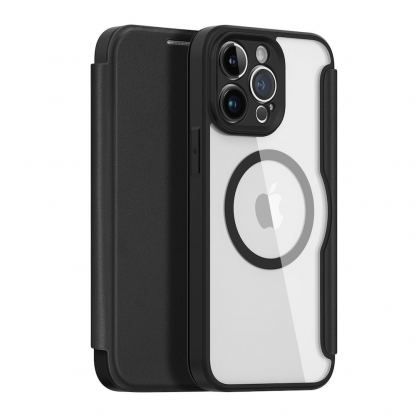 Dux Ducis Skin X Pro Magnetic Wallet Case - удароустойчив хибриден кожен кейс с отделение за карти и MagSafe за iPhone 14 Pro Max (черен-прозрачен)