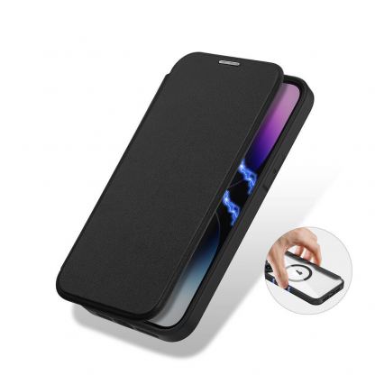 Dux Ducis Skin X Pro Magnetic Wallet Case - удароустойчив хибриден кожен кейс с отделение за карти и MagSafe за iPhone 14 Pro Max (черен-прозрачен) 9