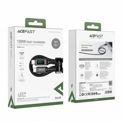 Acefast C6-03 LED Display USB-C to USB-C Cable 100W - здрав кабел с LED дисплей и въжена оплетка с бързо зареждане за устройства с USB-C порт (200 см) (черен) 5