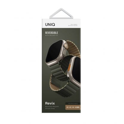 Uniq Revix Silicone Magnetic Strap - двулицева магнитна силиконова каишка за Apple Watch 42мм, 44мм, 45мм, 46мм, Ultra 49мм (тъмнозелен-бежoв) 5