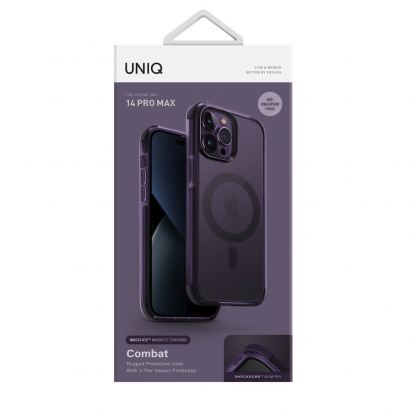 Uniq Combat MagClick Case - хибриден удароустойчив кейс за с MagSafe за iPhone 14 Pro Max (лилав-прозрачен) 5