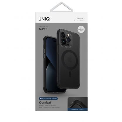Uniq Combat MagClick Case - хибриден удароустойчив кейс за с MagSafe за iPhone 14 Pro (черен-прозрачен) 4