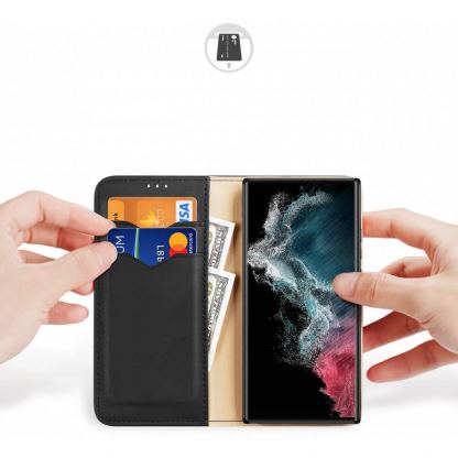 Dux Ducis Hivo Genuine Leather Flip Wallet Case - кожен калъф от естествена кожа с поставка и отделение за кр. карти за Samsung Galaxy S23 Ultra (черен) 2