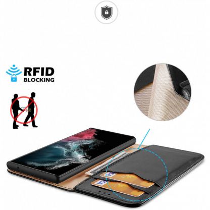 Dux Ducis Hivo Genuine Leather Flip Wallet Case - кожен калъф от естествена кожа с поставка и отделение за кр. карти за Samsung Galaxy S23 Ultra (черен) 3