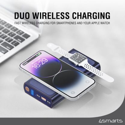 4smarts Wireless Powerbank VoltHub Graphene Pro UltiMag 24000mAh 240W - мощна външна батерия с 2xUSB-C, 1xUSB-A изходи и двоен пад за безжично зареждане за iPhone с Magsafe и Apple Watch (тъмносин) 4