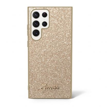 Guess Glitter Flakes Metal Logo Case - хибриден удароустойчив кейс за Samsung Galaxy S23 Ultra (златист) 2