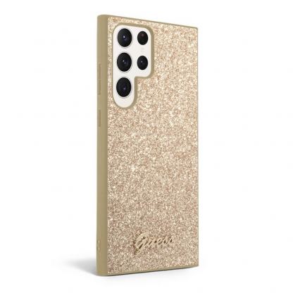 Guess Glitter Flakes Metal Logo Case - хибриден удароустойчив кейс за Samsung Galaxy S23 Ultra (златист) 3