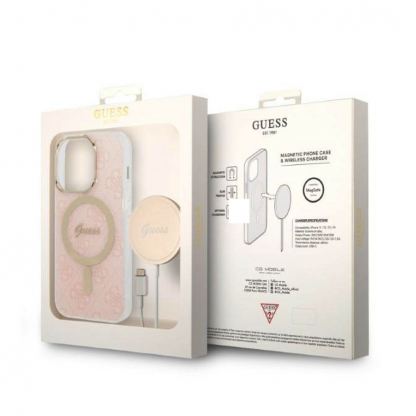 Guess 4G Printed Stripe MagSafe Case With MagSafe Wireless Charger Set - комплект хибриден удароустойчив кейс с MagSafe и поставка (пад) за безжично зареждане за iPhone 14 Pro (розов) 10