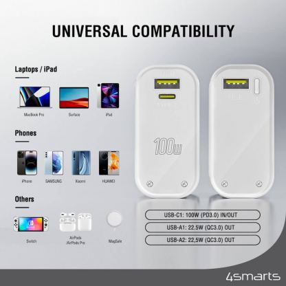 4smarts Power Bank Lucid Block 20000 mAh 100W - външна батерия с 2xUSB-A и 1xUSB-C портове с технология за бързо зареждане (бял) 3