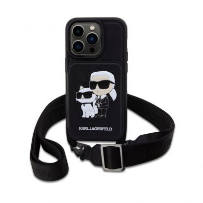 Karl Lagerfeld Saffiano Crossbody Karl and Choupette NFT Case - дизайнерски кожен кейс с връзка за носене за iPhone 14 Prо (черен) 2