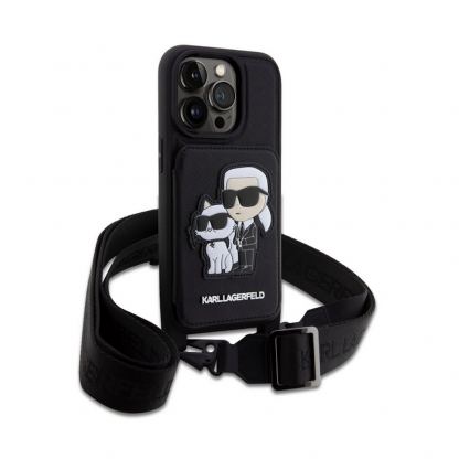 Karl Lagerfeld Saffiano Crossbody Karl and Choupette NFT Case - дизайнерски кожен кейс с връзка за носене за iPhone 14 Prо (черен) 3