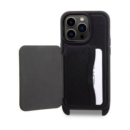 Karl Lagerfeld Saffiano Crossbody Karl and Choupette NFT Case - дизайнерски кожен кейс с връзка за носене за iPhone 14 Prо (черен) 4