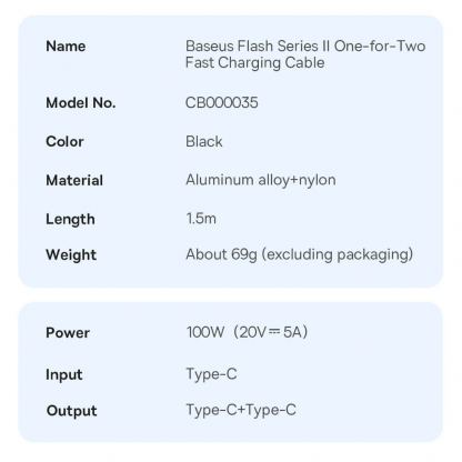 Baseus Flash Series One For Two 2in1 100W Fast Charging USB-C Cable (CASS060001) - здрав USB-C кабел с бързо зареждане за две устройства с USB-C порт (150 см) (черен) 16