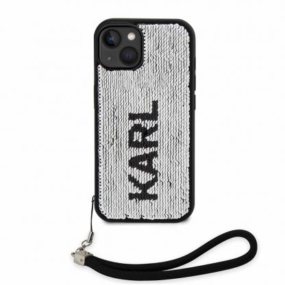 Karl Lagerfeld Sequins Reversible Case - дизайнерски силиконов кейс с връзка за носене за iPhone 14 (черен) 2