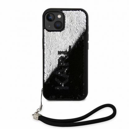 Karl Lagerfeld Sequins Reversible Case - дизайнерски силиконов кейс с връзка за носене за iPhone 14 (черен) 3