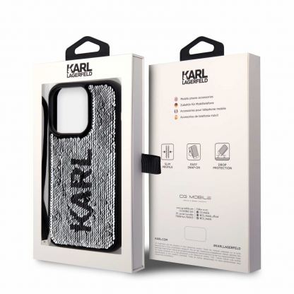 Karl Lagerfeld Sequins Reversible Case - дизайнерски силиконов кейс с връзка за носене за iPhone 14 (черен) 8