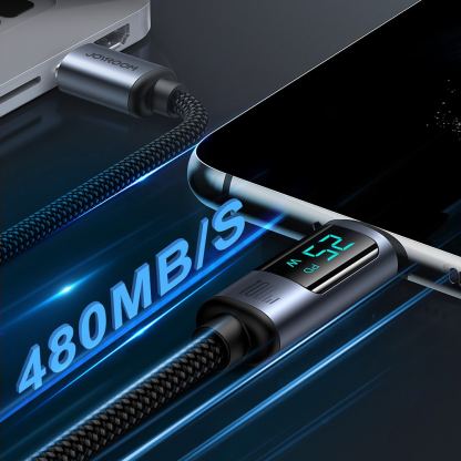 Joyroom USB-C to USB-C Cable with LED Display 100W - здрав кабел с въжена оплетка с бързо зареждане за устройства с USB-C порт (120 см) (черен) 11