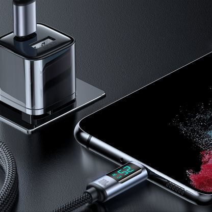 Joyroom USB-C to USB-C Cable with LED Display 100W - здрав кабел с въжена оплетка с бързо зареждане за устройства с USB-C порт (120 см) (черен) 12