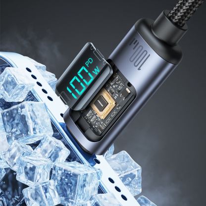 Joyroom USB-C to USB-C Cable with LED Display 100W - здрав кабел с въжена оплетка с бързо зареждане за устройства с USB-C порт (120 см) (черен) 13