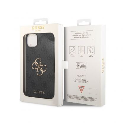 Guess PU 4G Metal Logo Leather Hard Case - дизайнерски кожен кейс за iPhone 15 (сив) 6