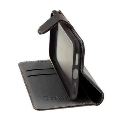 Tactical Field Notes Leather Flip Case - кожен калъф, тип портфейл с поставка и отделение за кр. карти за iPhone 15 Pro (черен) 2