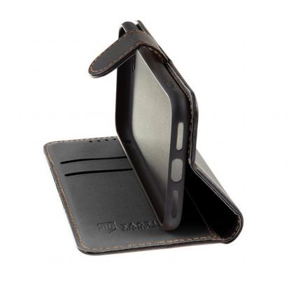 Tactical Field Notes Leather Flip Case - кожен калъф, тип портфейл с поставка и отделение за кр. карти за iPhone 15 (черен) 2
