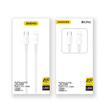 Dudao Fast Charging USB-C to Lightning Cable PD 30W - USB-C към Lightning кабел за Apple устройства с Lightning порт (100 см) (бял)  5