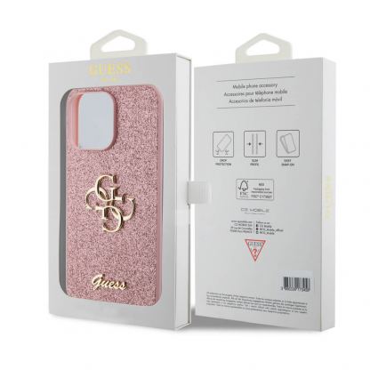 Guess PU Fixed Glitter 4G Metal Logo Case - силиконов (TPU) калъф за iPhone 15 Pro Max (розов)  4