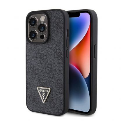 Guess Strass Triangle Metal Logo Case - силиконов (TPU) калъф за iPhone 15 Pro (черен)