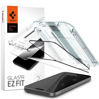 Spigen Glas.tR EZ Fit Tempered Glass 2 Pack - 2 броя стъклени защитни покрития за дисплея на iPhone 15 Plus (черен-прозрачен)