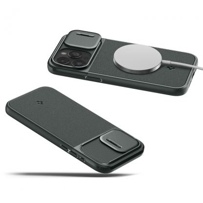 Spigen Optik Armor MagFit MagSafe Case - тънък качествен силиконов (TPU) калъф с капак за камерата с MagSafe за iPhone 15 Pro Max (зелен) 13