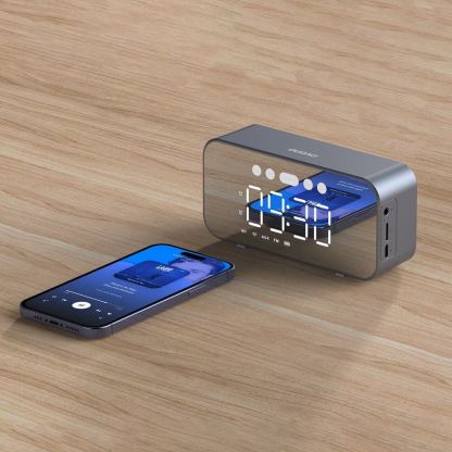 Dudao Y17 Wireless Speaker Bluetooth, FM And Clock - безжичен портативен спийкър с FM радио, часовник с аларма и microSD слот (тъмносив) 4