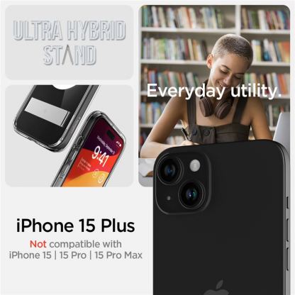 Spigen Ultra Hybrid S MagSafe Case - хибриден кейс с висока степен на защита с MagSafe и вградена поставка за iPhone 15 Plus (прозрачен)  5