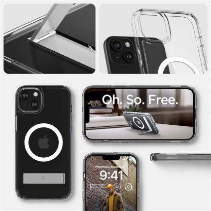 Spigen Ultra Hybrid S MagSafe Case - хибриден кейс с висока степен на защита с MagSafe и вградена поставка за iPhone 15 Plus (прозрачен)  16