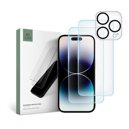 Tech-Protect Supreme Protection Set - комплект 2 броя стъклено защитно покритие за дисплея и стъклено защитно покритие за камерата на iPhone 15 Pro (прозрачен)