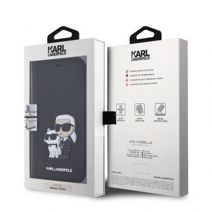 Karl Lagerfeld PU Saffiano Karl and Choupette NFT Book Case - дизайнерски кожен калъф, тип портфейл за iPhone 15 Pro Max (черен) 3