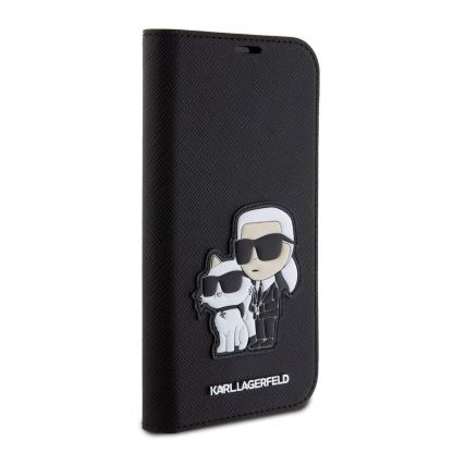 Karl Lagerfeld PU Saffiano Karl and Choupette NFT Book Case - дизайнерски кожен калъф, тип портфейл за iPhone 15 Pro Max (черен) 6