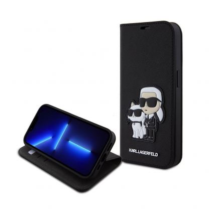 Karl Lagerfeld PU Saffiano Karl and Choupette NFT Book Case - дизайнерски кожен калъф, тип портфейл за iPhone 15 Pro (черен) 2