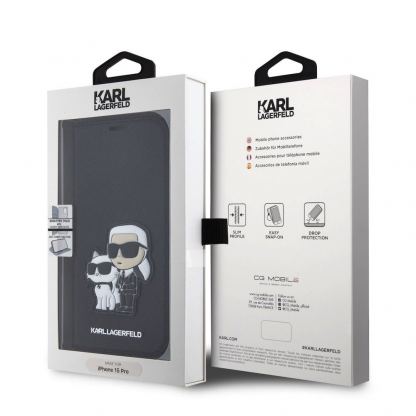 Karl Lagerfeld PU Saffiano Karl and Choupette NFT Book Case - дизайнерски кожен калъф, тип портфейл за iPhone 15 Pro (черен) 3