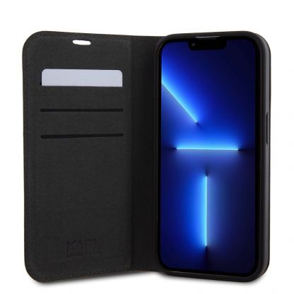 Karl Lagerfeld PU Saffiano Karl and Choupette NFT Book Case - дизайнерски кожен калъф, тип портфейл за iPhone 15 Pro (черен) 5