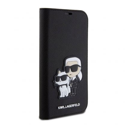 Karl Lagerfeld PU Saffiano Karl and Choupette NFT Book Case - дизайнерски кожен калъф, тип портфейл за iPhone 15 Pro (черен) 6